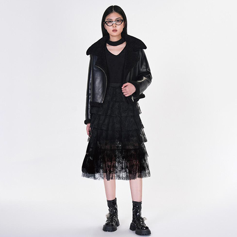 专柜899 100锦纶【莫Y】冬装 松紧腰重工蕾丝蛋糕层半身长裙534