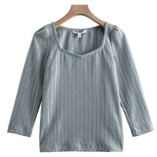 袖口单排珠扣条纹方领T恤小衫