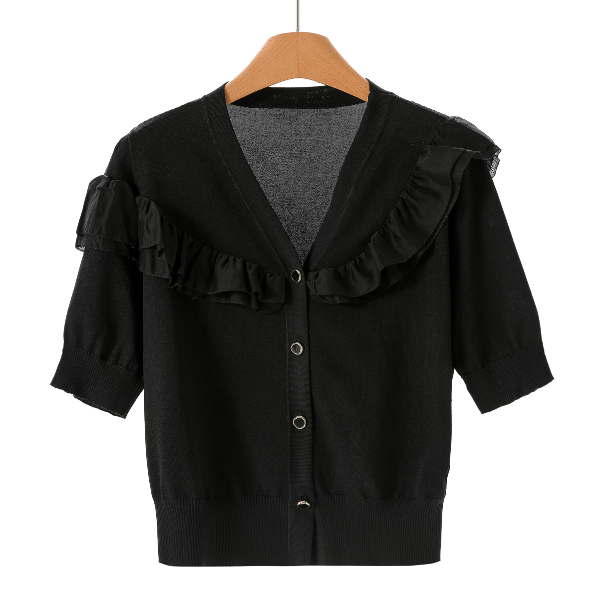 专柜599 55%粘纤【序】秋装 天丝拼接荷叶边V领开衫针织衫318