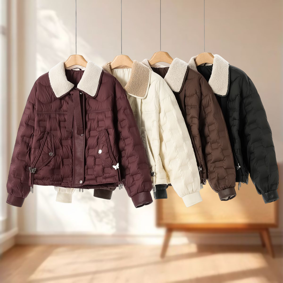 专柜1688【羽】冬装 仿羊羔毛抽绳蝴蝶扣拼接羽绒服815