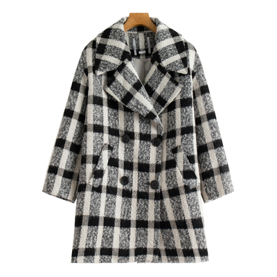 绵羊毛黑白格纹双排扣呢大衣