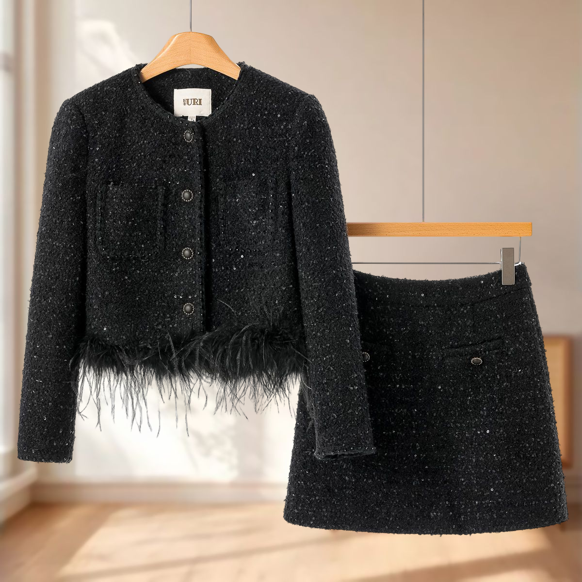 32%绵羊毛【蕾】羽毛毛条外套+包臀短裙小香风套装501~冬季新款女,女装/女士精品,时尚套装,淘宝优惠券,粉丝福利购,淘宝优惠卷