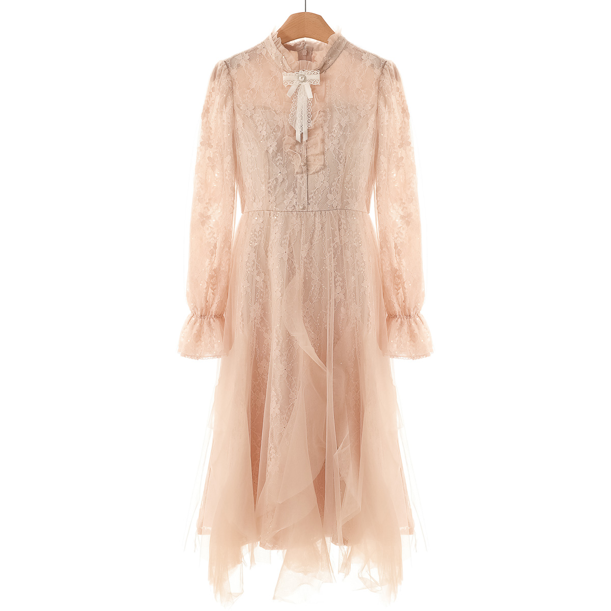 专柜1199 20%再生纤维【蕾】秋装 木耳边立领不规则网纱连衣裙306