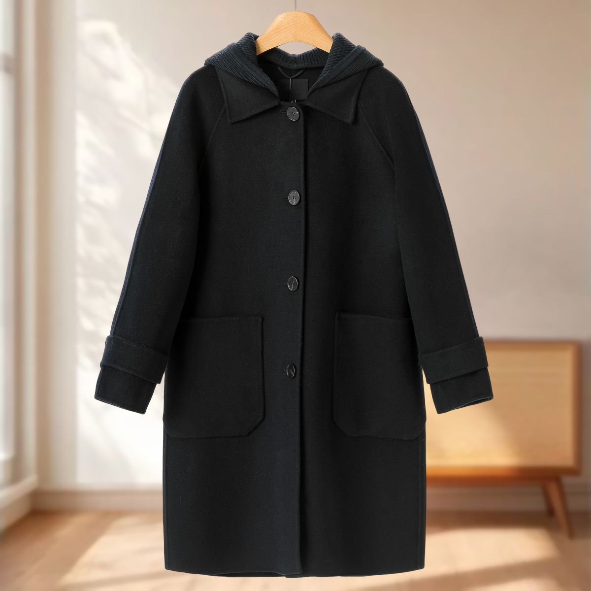 专柜1989【妍B】冬季 脱卸针织帽插肩袖双面呢长毛大衣965