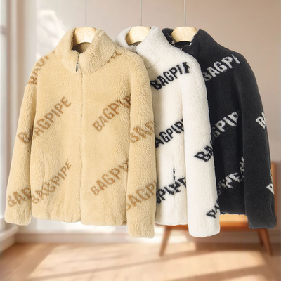 100绵羊毛【笛】 字母款皮毛一体短款毛呢外套090~冬季新款女装