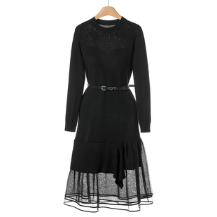 不规则网纱拼接含绵羊毛针织连衣裙706 冬装 专柜1080 桑S