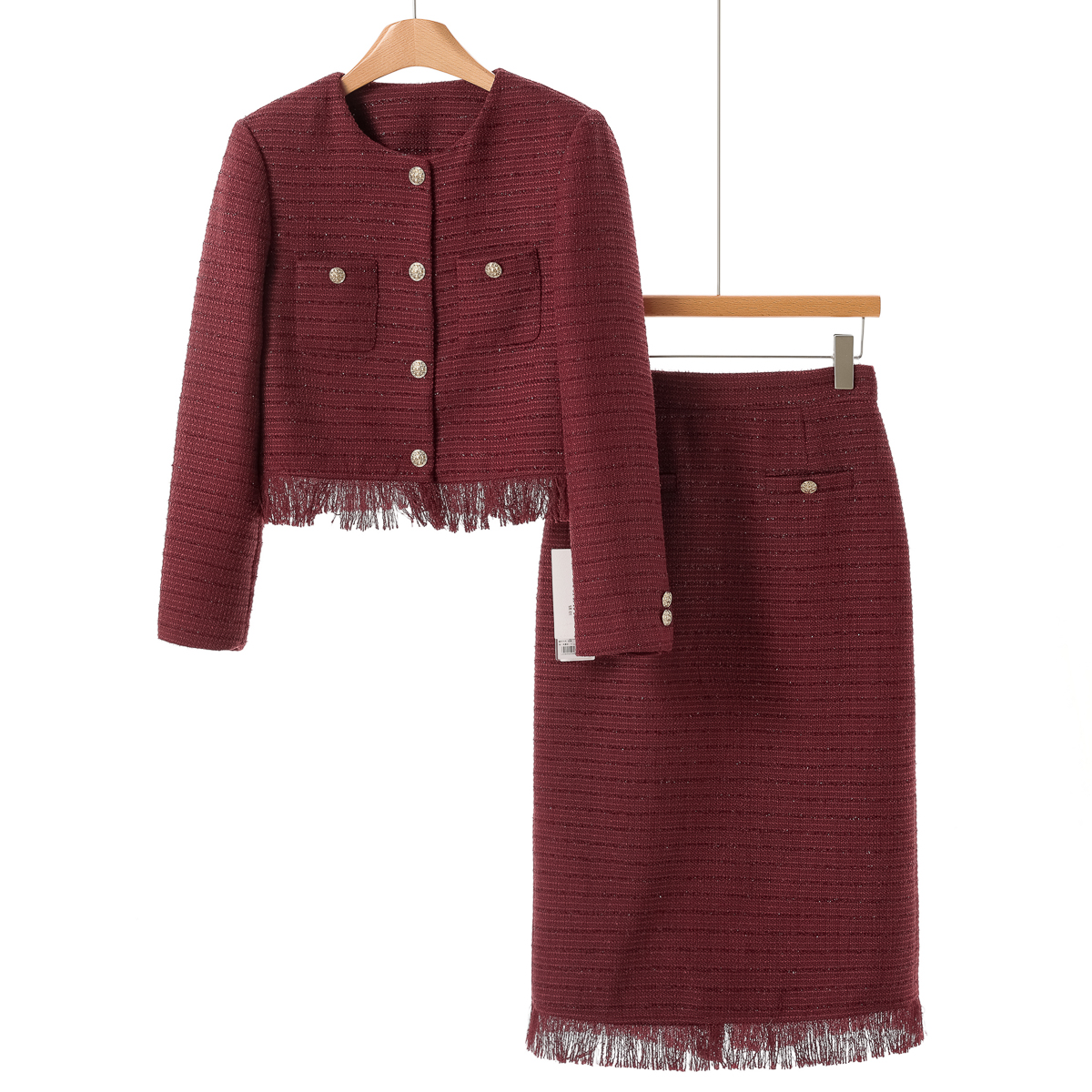 【朗】垫肩短外套+开叉半裙流苏小香风套装059~2025秋季新款女装