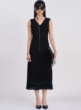 专柜899【莫Y】秋装 纯色细闪双V领流苏无袖连衣裙663