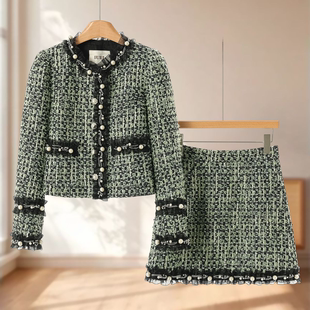 包臀短裙格子套装 夹棉串珠花边外套 355 冬季 女装 新款 蕾