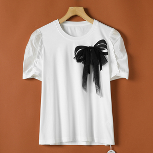 莱赛尔 网纱可卸蝴蝶结拼接休撞色T恤078 全棉 兹 女 夏季 新款