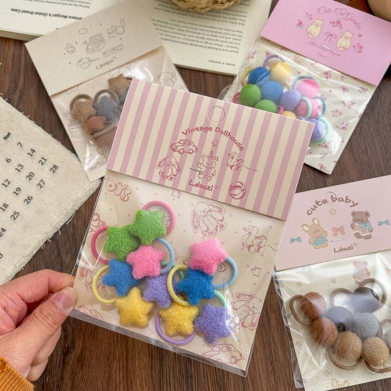 秋冬百搭布艺纽扣儿童发圈10根袋