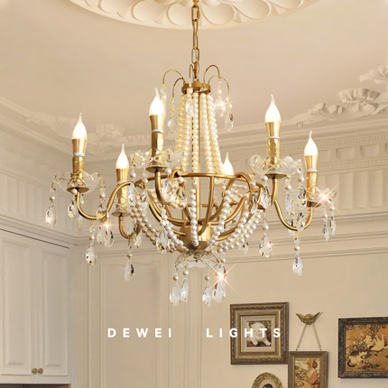 法式全铜珍珠水晶灯复古美式挑空loft楼梯别墅吊灯黄铜轻奢吊灯