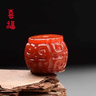 川料南红玛瑙雕刻回纹墩子鼓珠配饰腰珠顶珠配珠柿子红平口直切