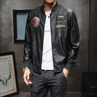 XHGC男式pu皮衣棒球领外套刺绣机车服秋冬男式休闲潮流皮夹克上衣