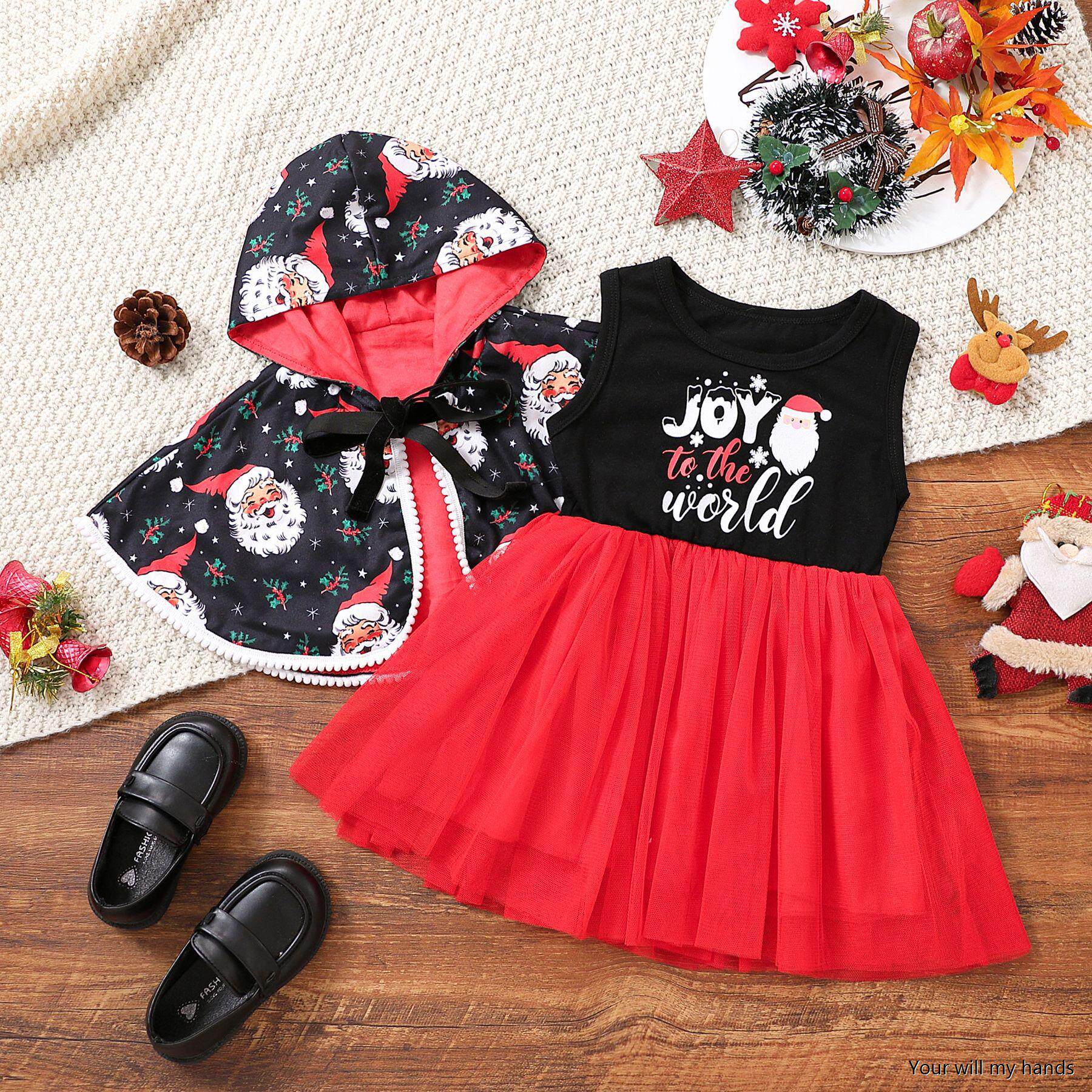 圣诞节日女童背心裙宝宝秋装连衣裙童装春秋款儿童披肩连帽公主裙