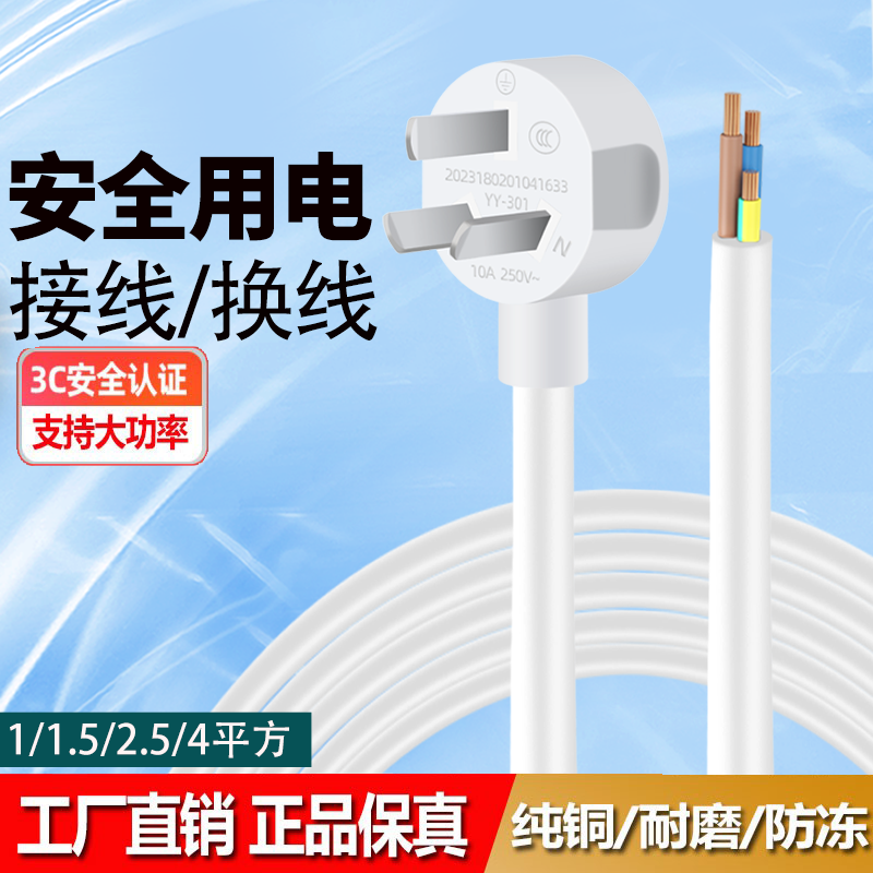 纯铜国标电源线带插头大功率电线三芯1.5/4平方10A16A单头 带 线