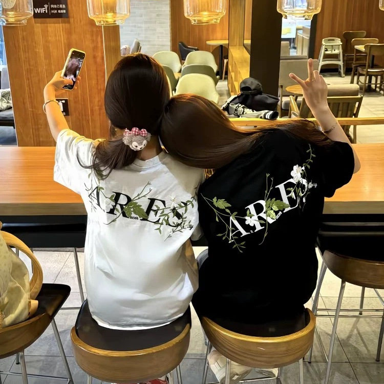 美式高街花卉连肩刺绣短袖t恤女夏季设计感小众国潮牌慵懒风上衣