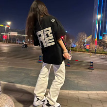 美式高街黑色刺绣t恤女2025新款夏季宽松设计感小众字母短袖上衣