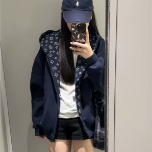 宽松潮牌情侣拉链慵懒风外套 连帽卫衣女2025新款 美式 高街印花开衫