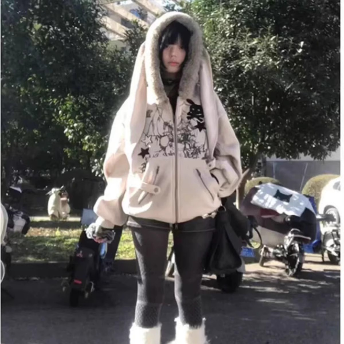 美式复古兔耳朵毛领开衫连帽卫衣