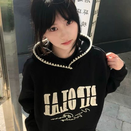 美式高街字母贴布刺绣连帽卫衣女春秋新款国潮牌hiphop慵懒风外套