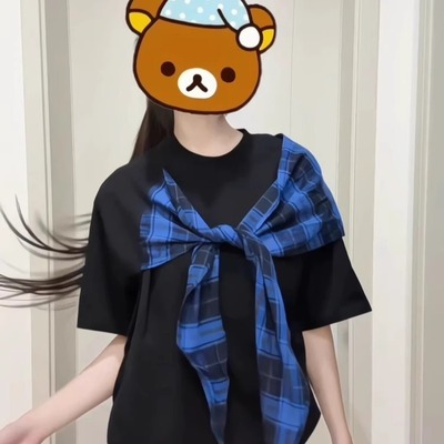 美式复古学院风撞色格子绑带短袖