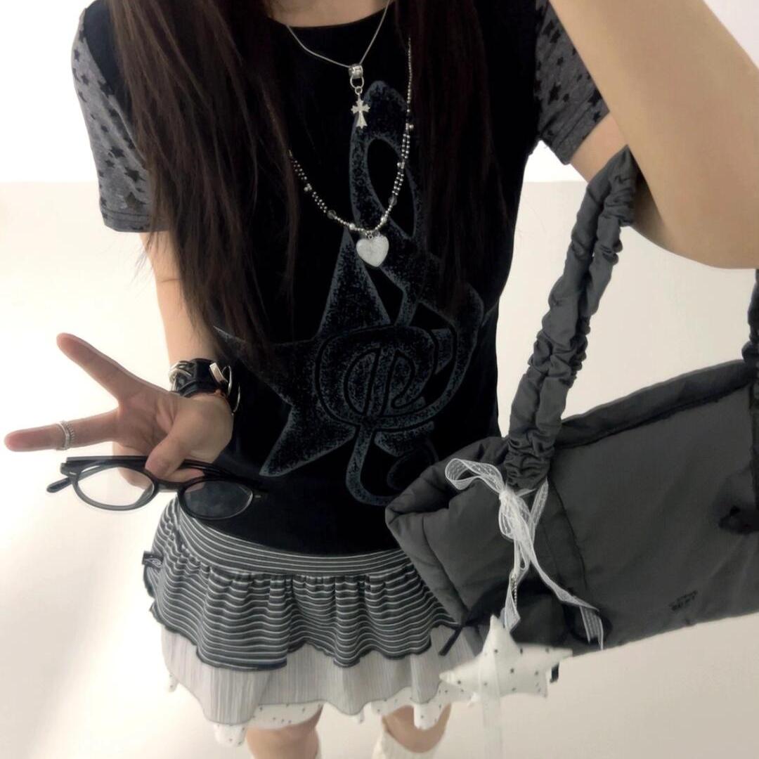 美式辣妹星星音符印花短袖T恤