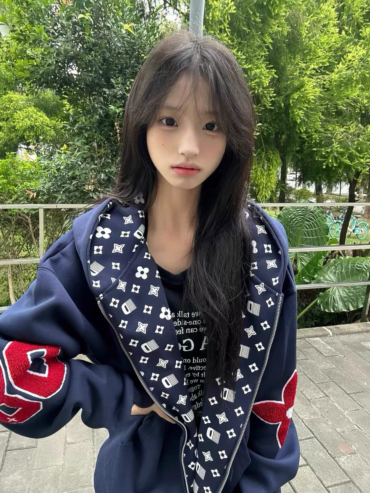 American high street trendy brand letter flocked embroidery hooded sweatshirt for women 2025 new loose navy blue cardigan jacket