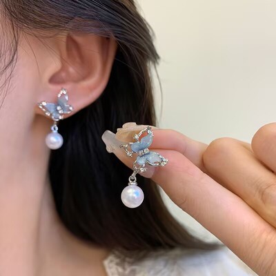 防过敏银针蝴蝶珍珠耳环女