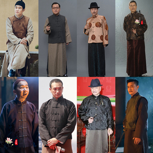 影视古装 长袍服上海滩大亨大佬掌柜富商老爷演出服 民国男棉麻长衫
