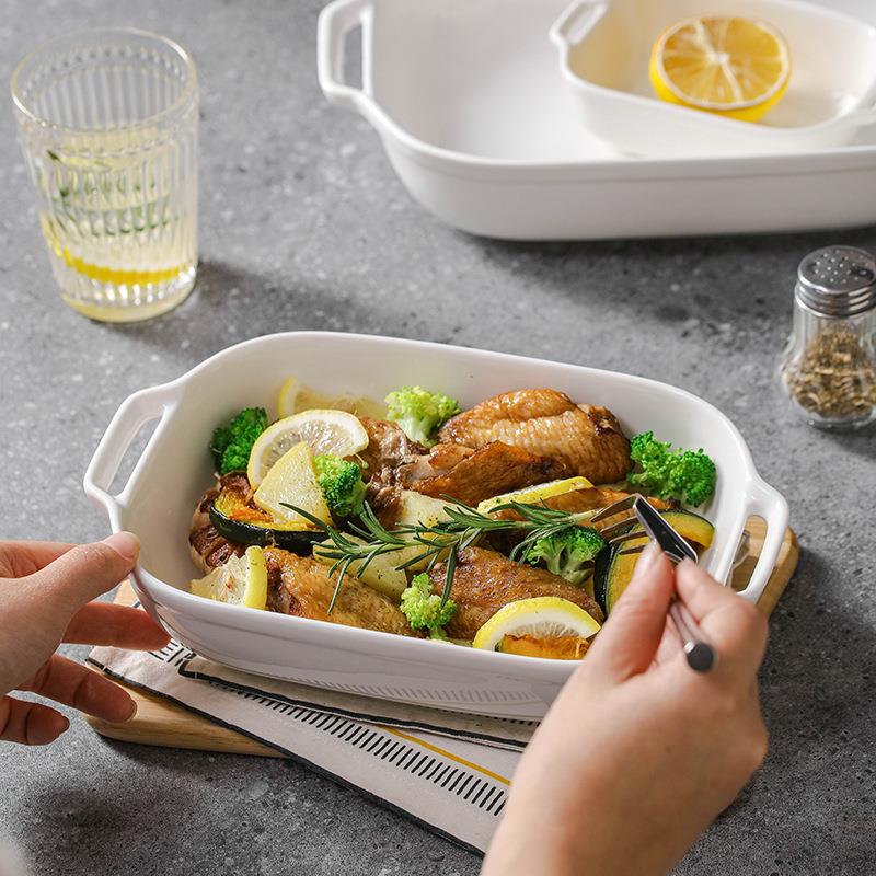 简约纯白陶瓷长方双耳烤盘芝士焗饭碗耐高温家用烤碗小吃碗蒸鱼盘