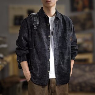宽松高级黑色纯棉薄款 春秋季 男日系复古胖子大码 衬衫 牛仔夹克 工装