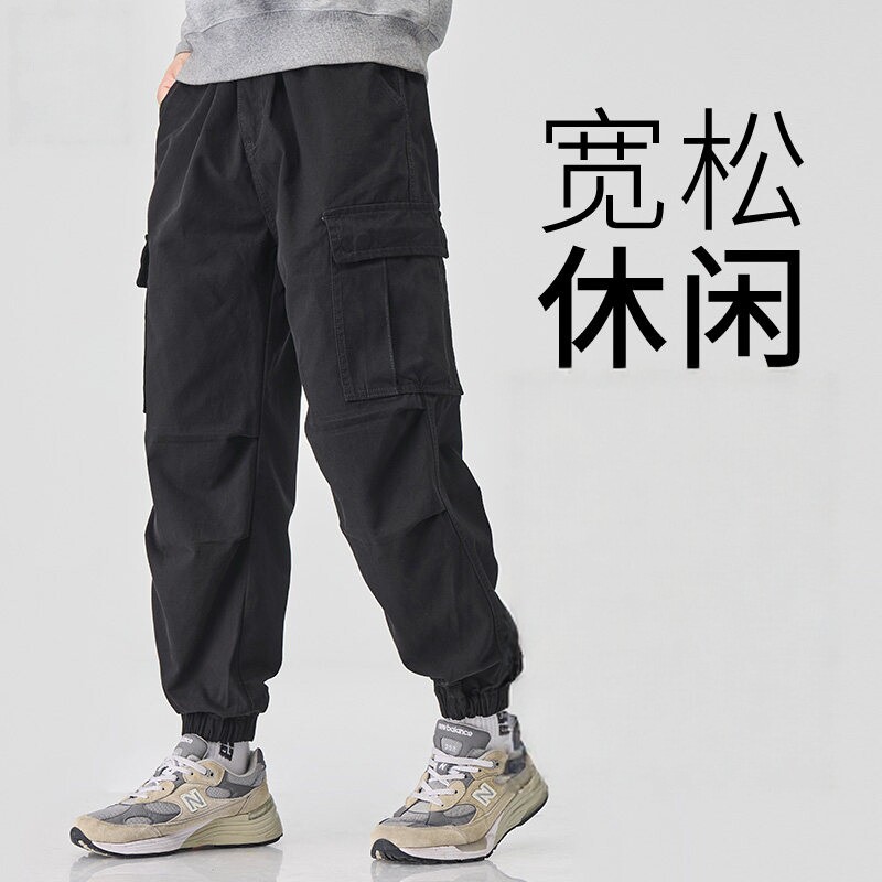 美式潮牌多口袋工装裤男士秋冬季加绒大码胖子宽松百搭纯棉束脚裤