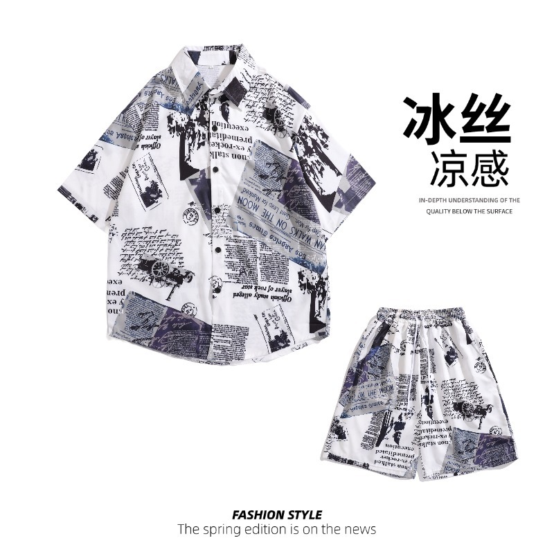 美式复古花衬衫男女冰丝薄款夏季潮流宽松加肥加大码半袖衬衣套装