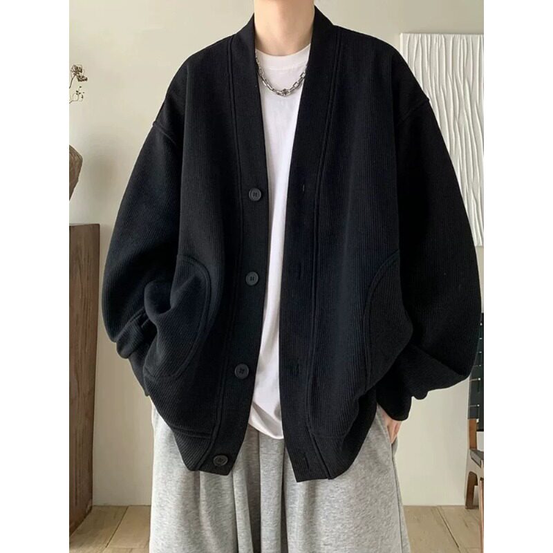 华夫格黑色高级感开衫卫衣男春秋痞帅大码慵懒风cleanfit休闲外套