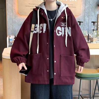 美式复古假两件连帽外套男秋冬宽松加肥加大码300斤胖子休闲夹克