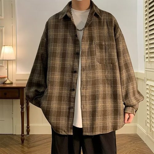 小香风格子男大码翻领衬衫