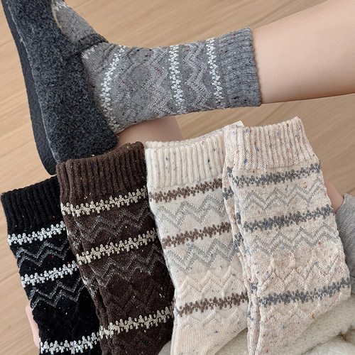 咖色袜子羊绒蝴蝶结费尔岛保暖加绒长袜条纹秋冬女中筒加厚复古袜