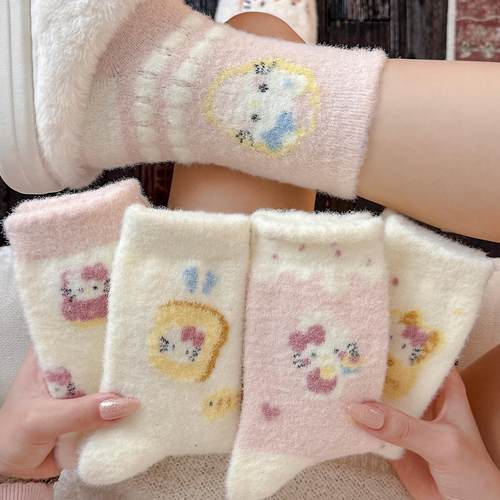 女袜猫咪堆堆澳绒袜女中筒加绒袜冬季保暖袜子KT秋冬可爱白色加厚