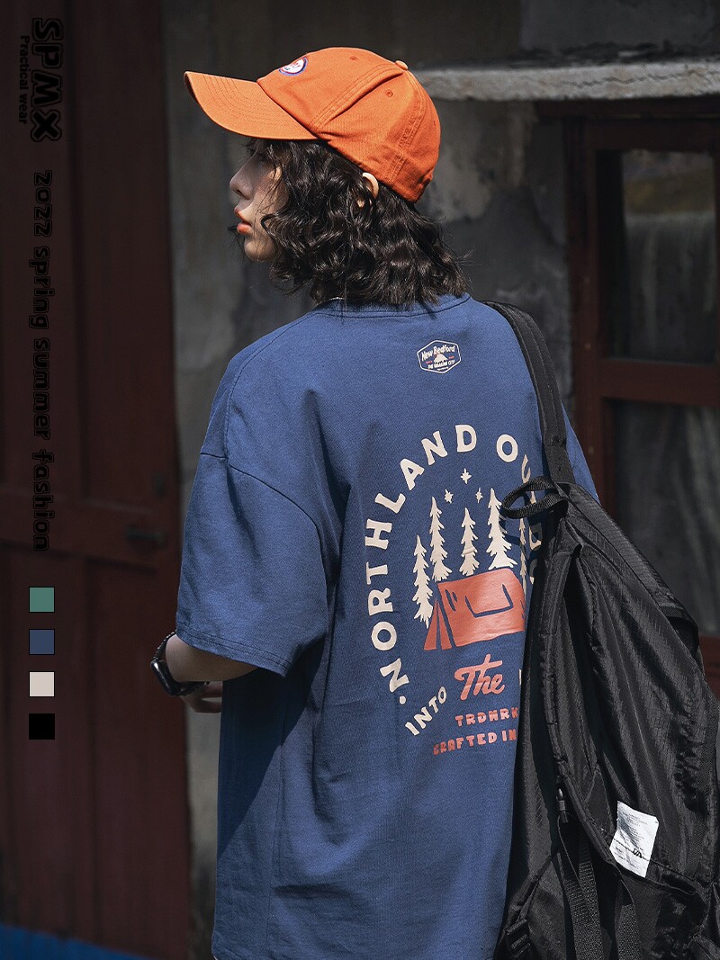 SPMX 봄 여름 새로운 미국 복고풍 문자 인쇄 반팔 티셔츠 남성과 여성을위한 느슨한 유행 브랜드 반팔 탑 TEE