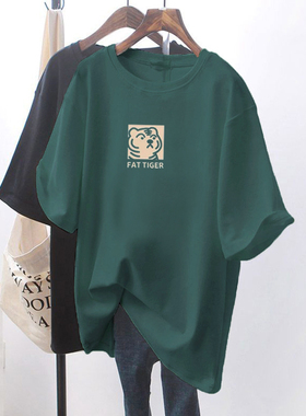 墨绿色新款纯棉宽松短袖T恤女2023夏季中长款欧货大版潮牌上衣ins