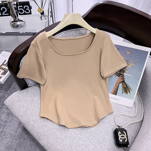 弧度下摆方领短袖女夏季T恤2024新款纯色修身百搭锁骨打底衫上衣