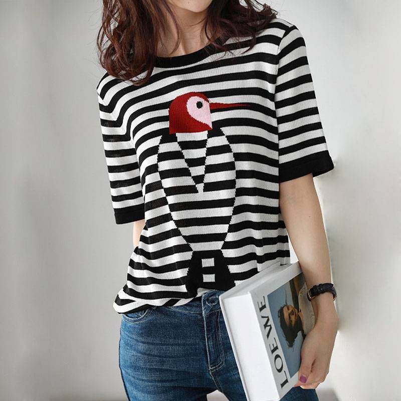 年阿玛施新特旗舰店官网2021夏新款啄木鸟刺绣针织衫条纹T恤上衣