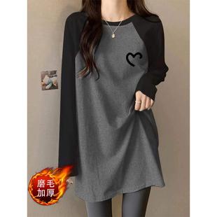 长袖内搭打底衫女秋冬加厚遮屁中长款磨毛绒t恤鲨鱼裤搭配上衣潮