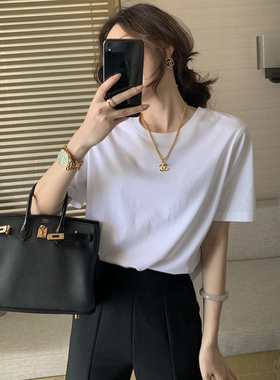 2022年夏季黑白色短袖t恤女内搭简约纯棉圆领百搭宽松半袖上衣ins
