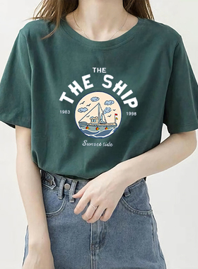 墨绿色2023夏季新款纯棉t恤女宽松显瘦上衣超火休闲百搭半袖ins潮