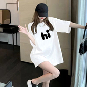 宽松纯棉质感上衣ins 2026夏新款 欧货白色字母印花短袖 T恤女中长款