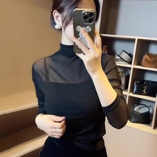 上衣 内搭性感透视显瘦洋气小衫 黑色网纱半高领打底衫 女2025秋冬季