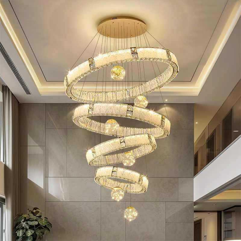 复式楼别墅大吊灯现代轻奢挑空水晶灯楼中楼loft公寓大灯旋转长灯