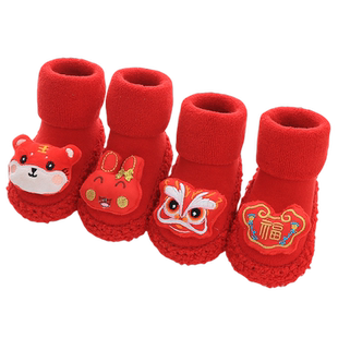 婴儿鞋袜宝宝地板袜秋冬季新生儿大红周岁学步鞋子加厚保暖新年袜